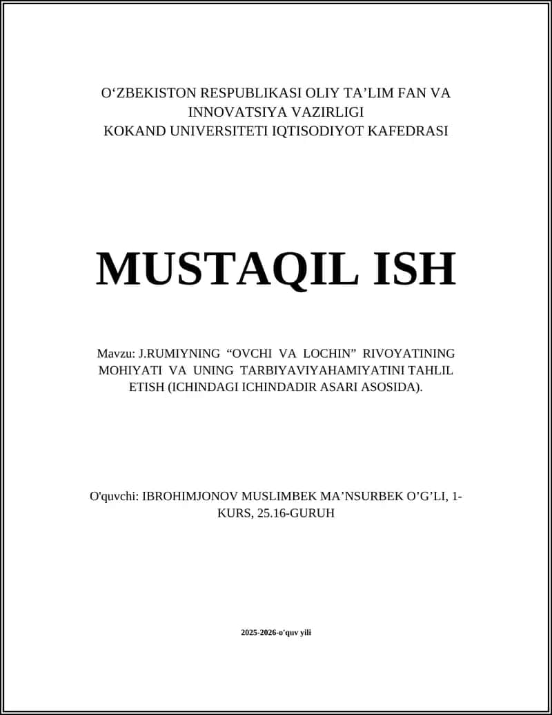 J.RUMIYNING “OVCHI VA LOCHIN” RIVOYATI 1