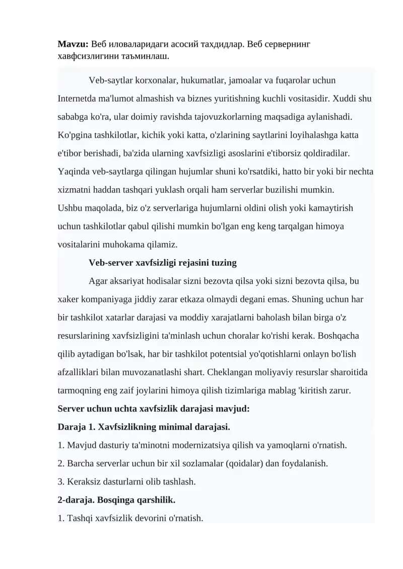 Веб иловаларидаги асосий тахдидлар. Веб сервернинг хавфсизлигини таъминлаш. 1