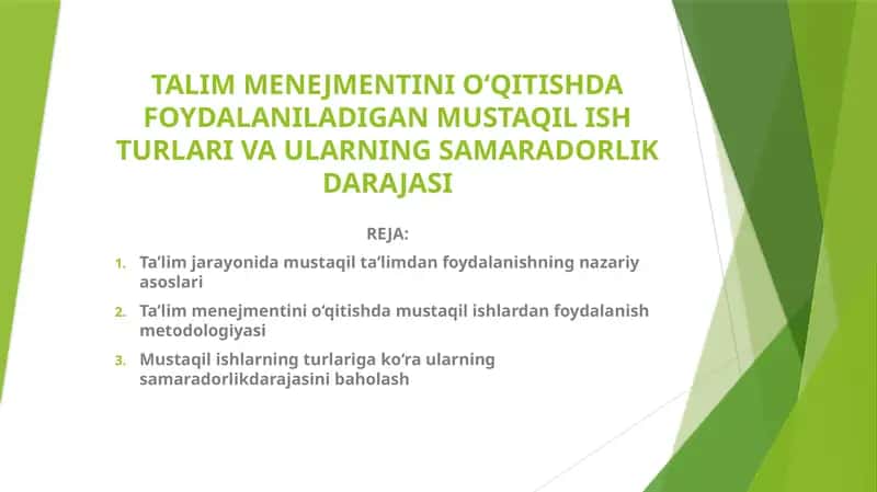 Ta'lim Menejmentini O‘qitishda Foydalaniladigan Mustaqil Ish Turlari va Ularning Samaradorlik Darajasi 1