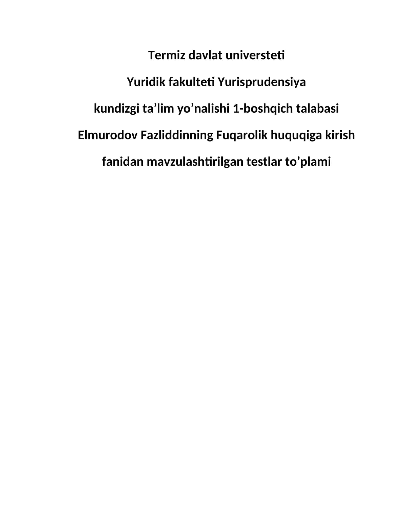 Fuqarolik Huquqiga Kirish Fanidan Testlar 1