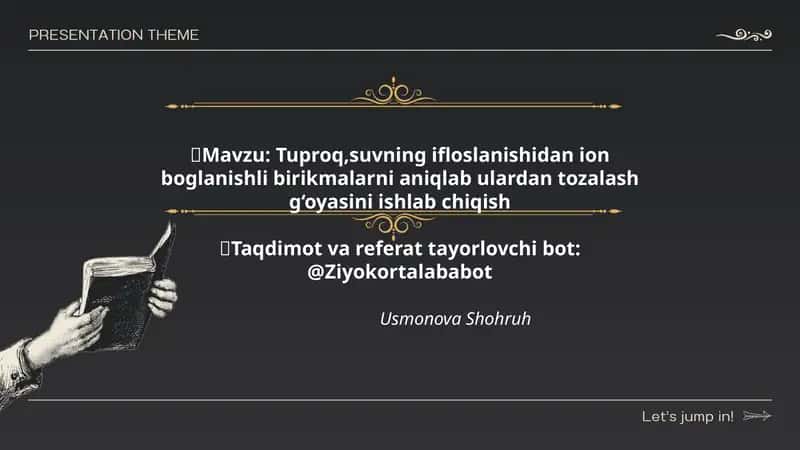Tuproq,suvning ifloslanishidan ion boglanishli birikmalarni aniqlab ulardan tozalash g‘oyasini ishlab chiqish 1