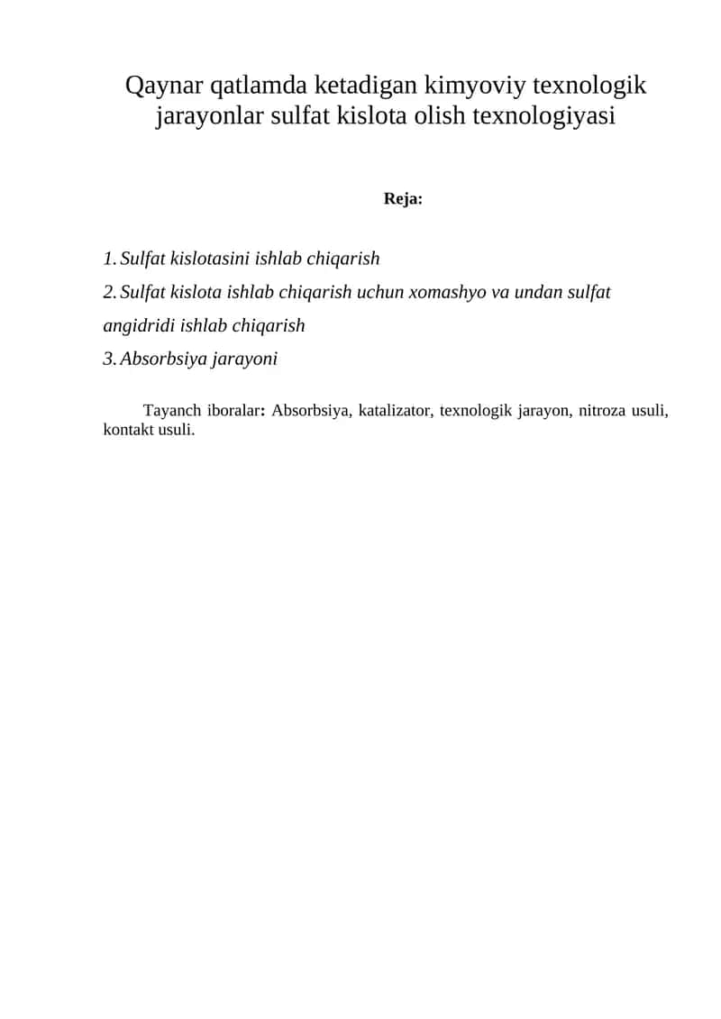 Sulfat kislota ishlab chiqarish 1