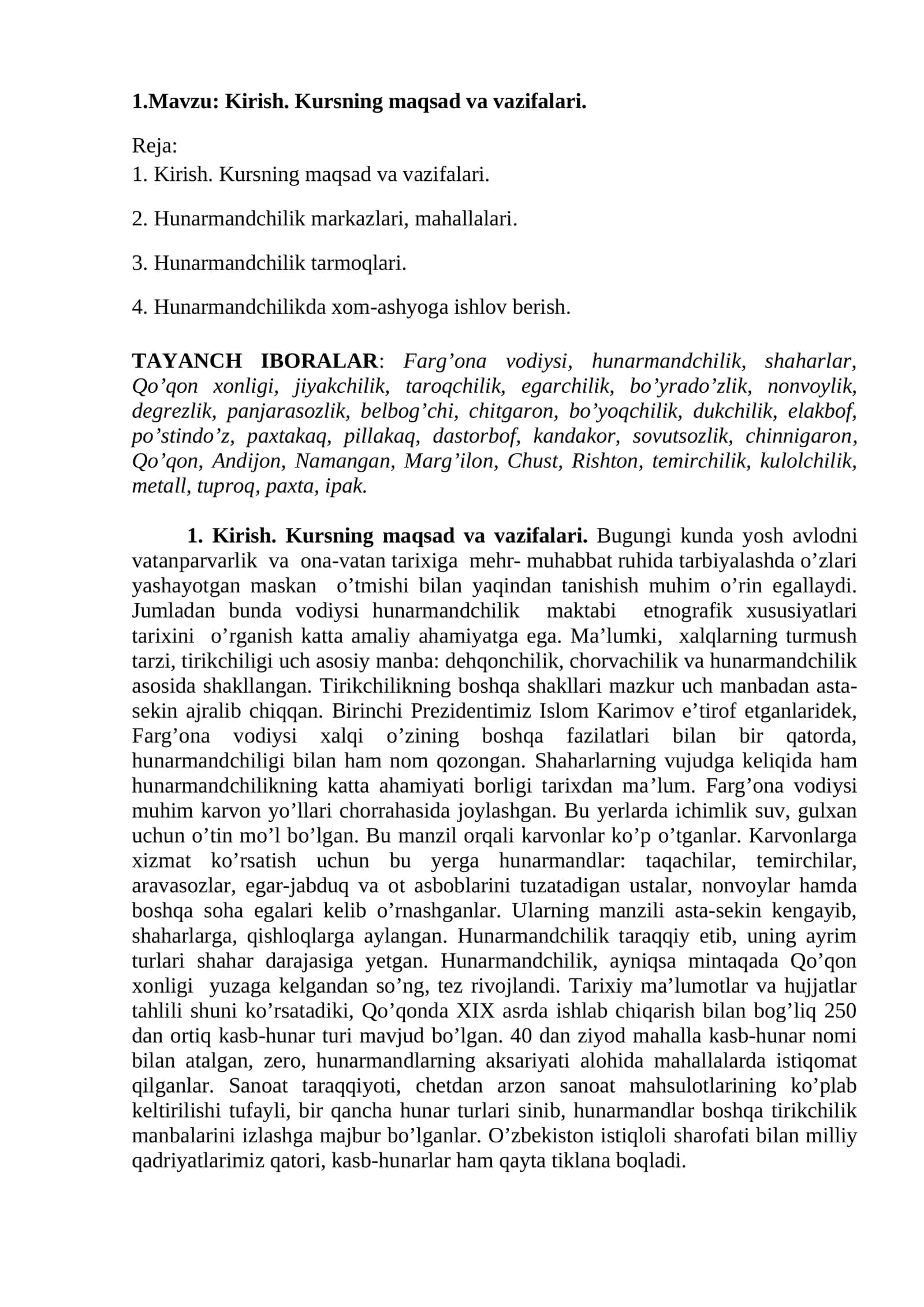 Kirish. Kursning maqsad va vazifalari 1