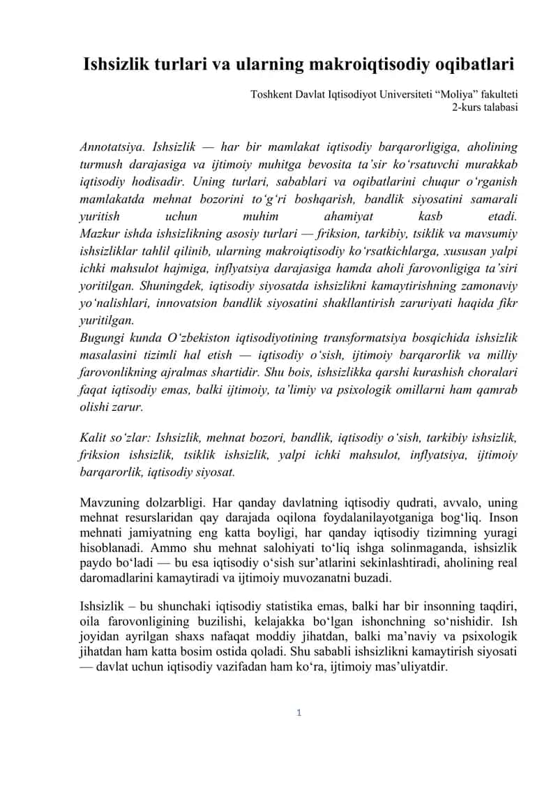 Ishsizlik turlari va ularning makroiqtisodiy oqibatlari 1