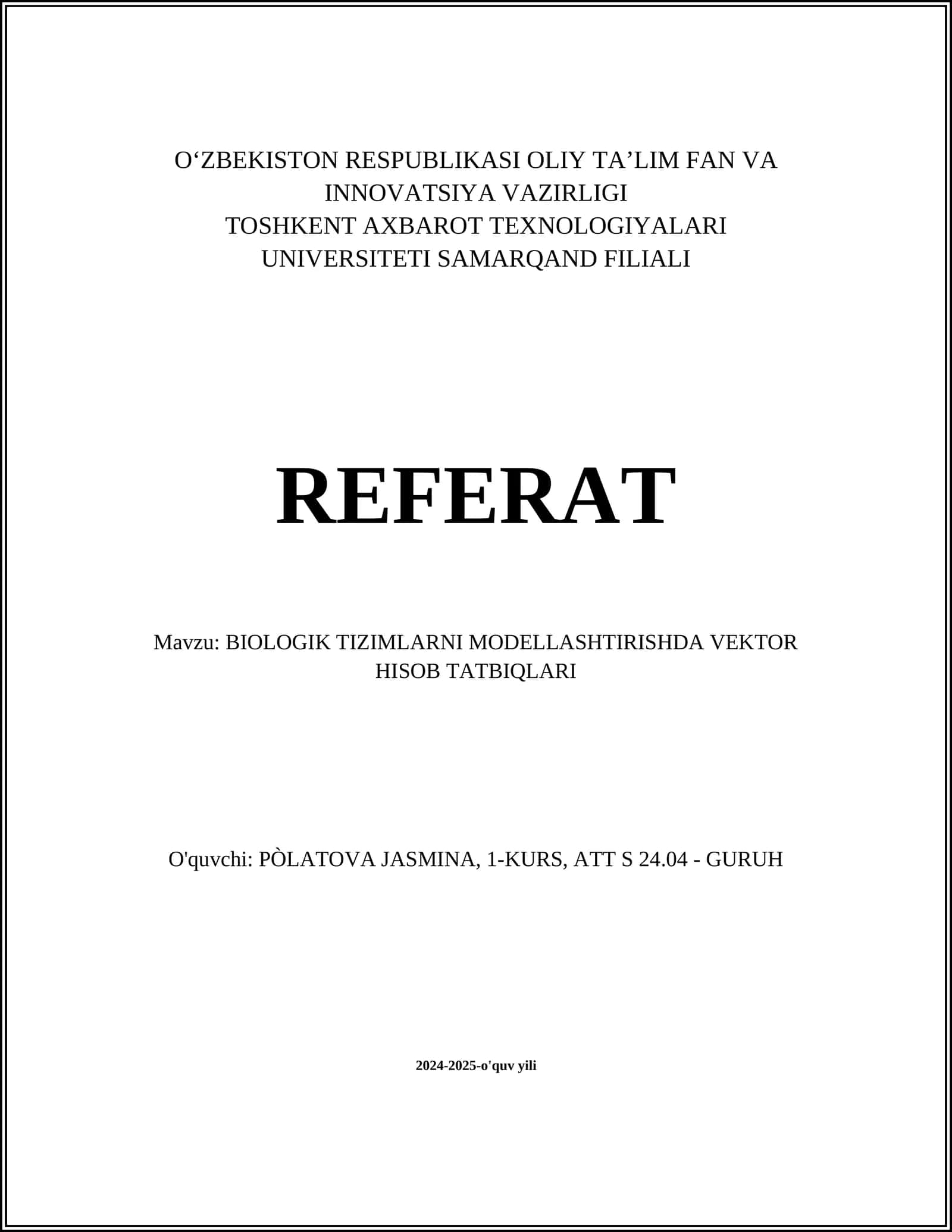 BIOLOGIK TIZIMLARNI MODELLASHTIRISHDA VEKTOR HISOB TATBIQLARI 1