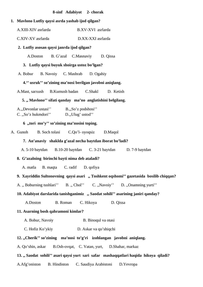8 sinf uchun Adabiyot fanidan test 2-chirak uchun 1