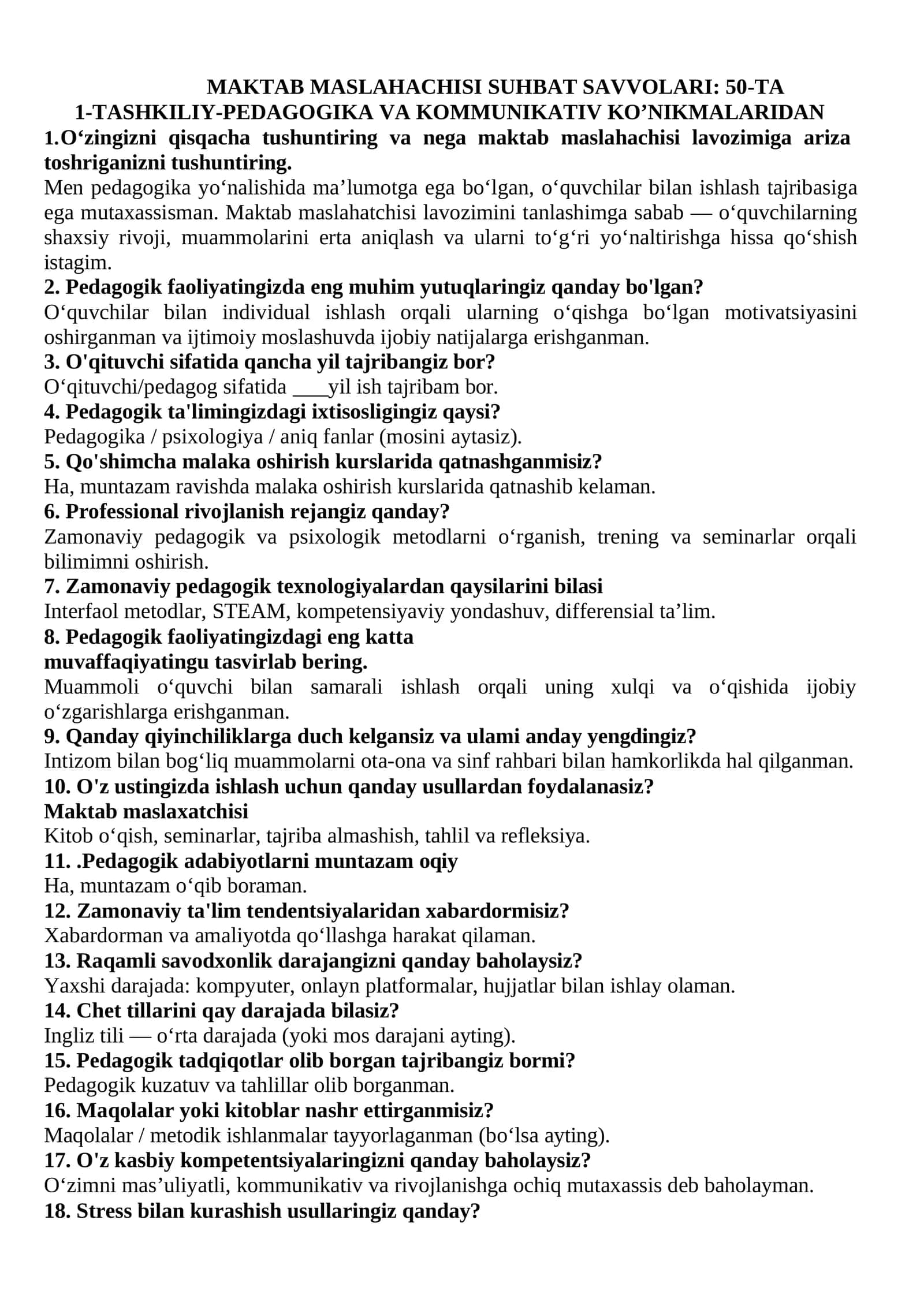MAKTAB MASLAHACHISI SUHBAT SAVVOLARI: 50-TA JAVOBLARI BILAN 1
