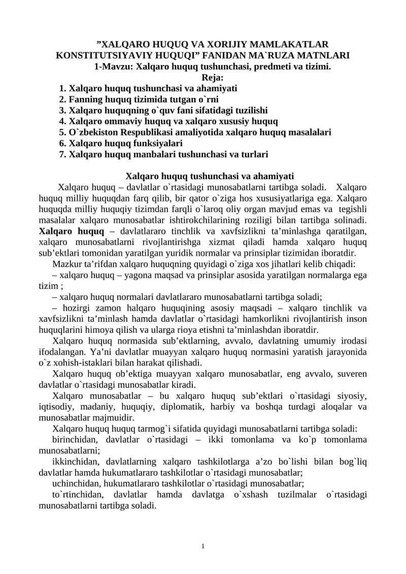 XALQARO HUQUQ VA XORIJIY MAMLAKATLAR KONSTITUTSIYAVIY HUQUQI 1