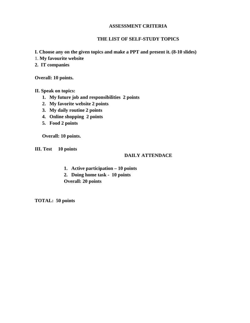 ASSESSMENT CRITERIA - THE LIST OF SELF-STUDY TOPICS 1