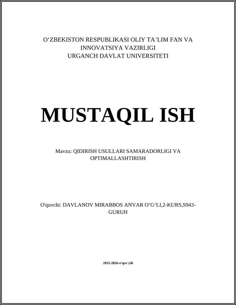 QIDIRISH USULLARI SAMARADORLIGI VA OPTIMALLASHTIRISH 1
