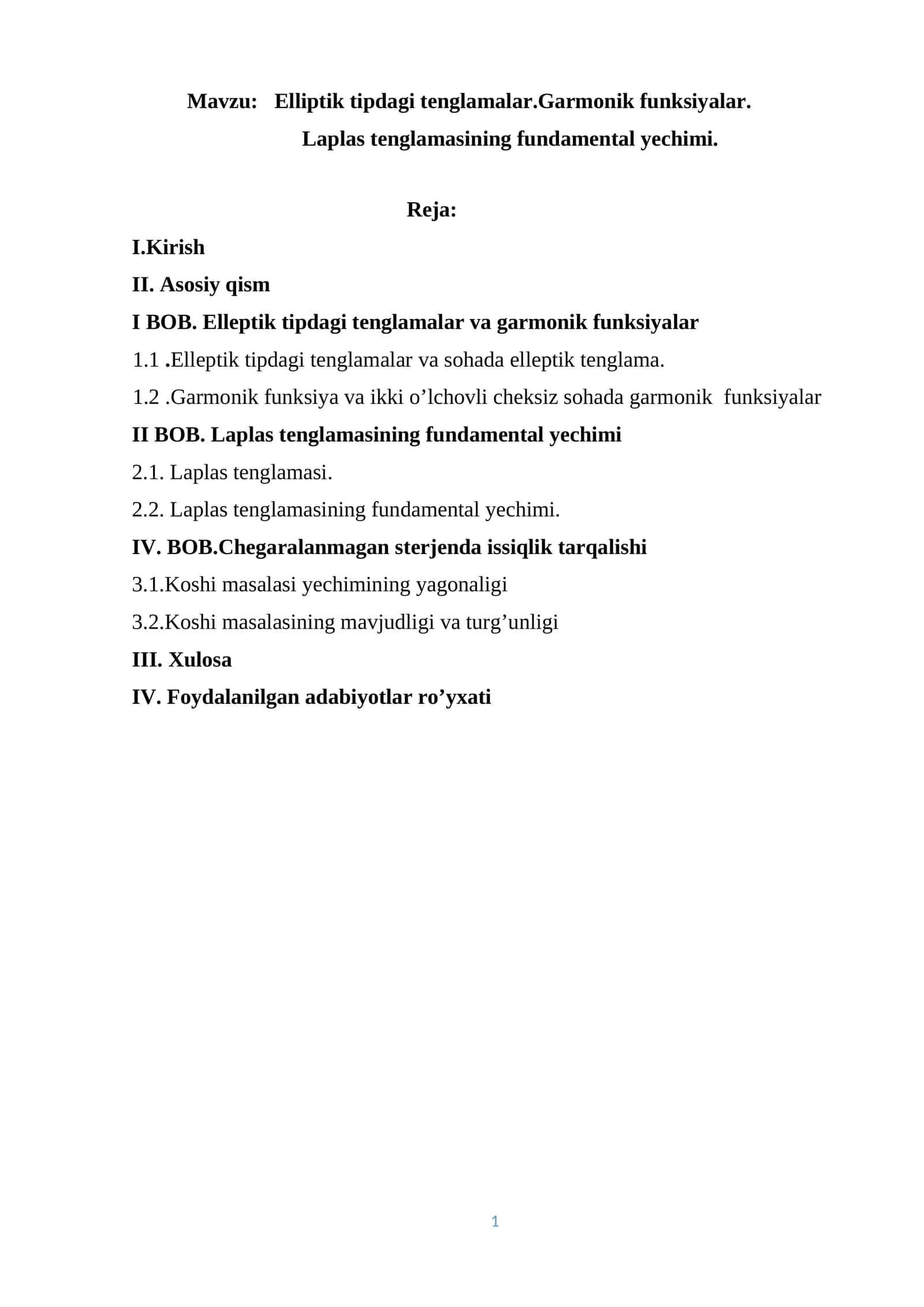 Elliptik tipdagi tenglamalar.Garmonik funksiyalar.Laplas tenglamasining fundamental yechimi 1