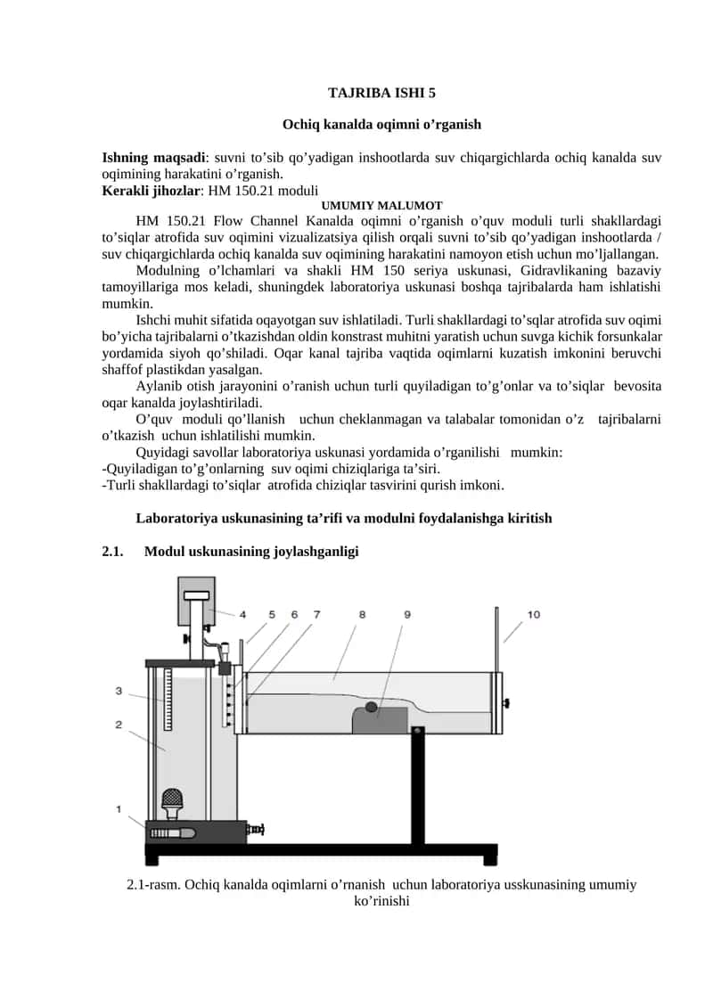 HM 150.21 Flow Channel Kanalda oqimni o'rganish o'quv moduli 1