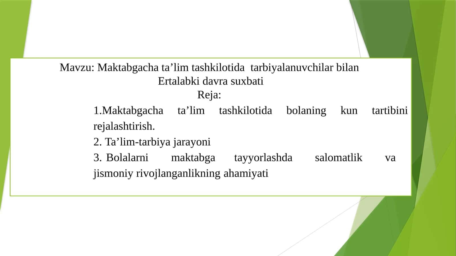 Maktabgacha ta’lim tashkilotida  tarbiyalanuvchilar bilan ertalabki davra suxbati 1