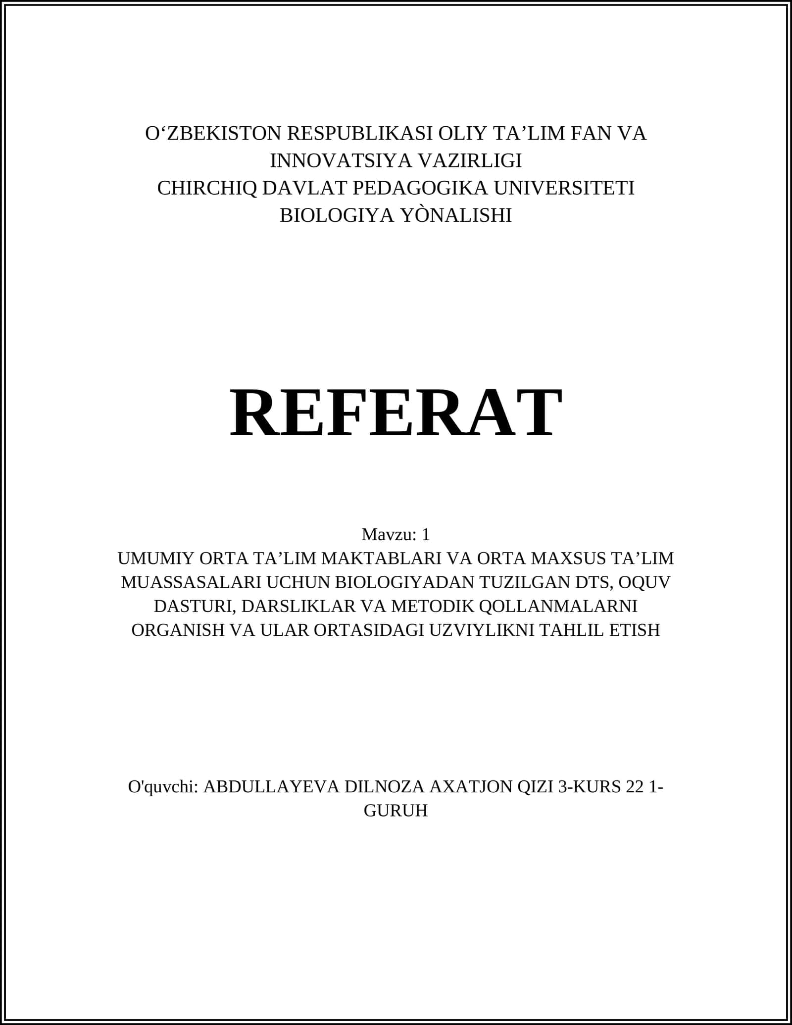 BIOLOGIYA YÒNALISHI REFERAT 1