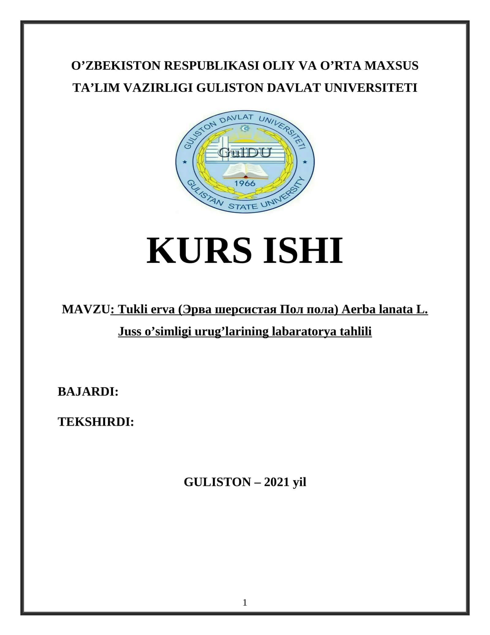 Tukli erva (Эрва шерсистая Пол пола) Aerba lanata L. Juss o’simligi urug’larining labaratorya tahlili 1