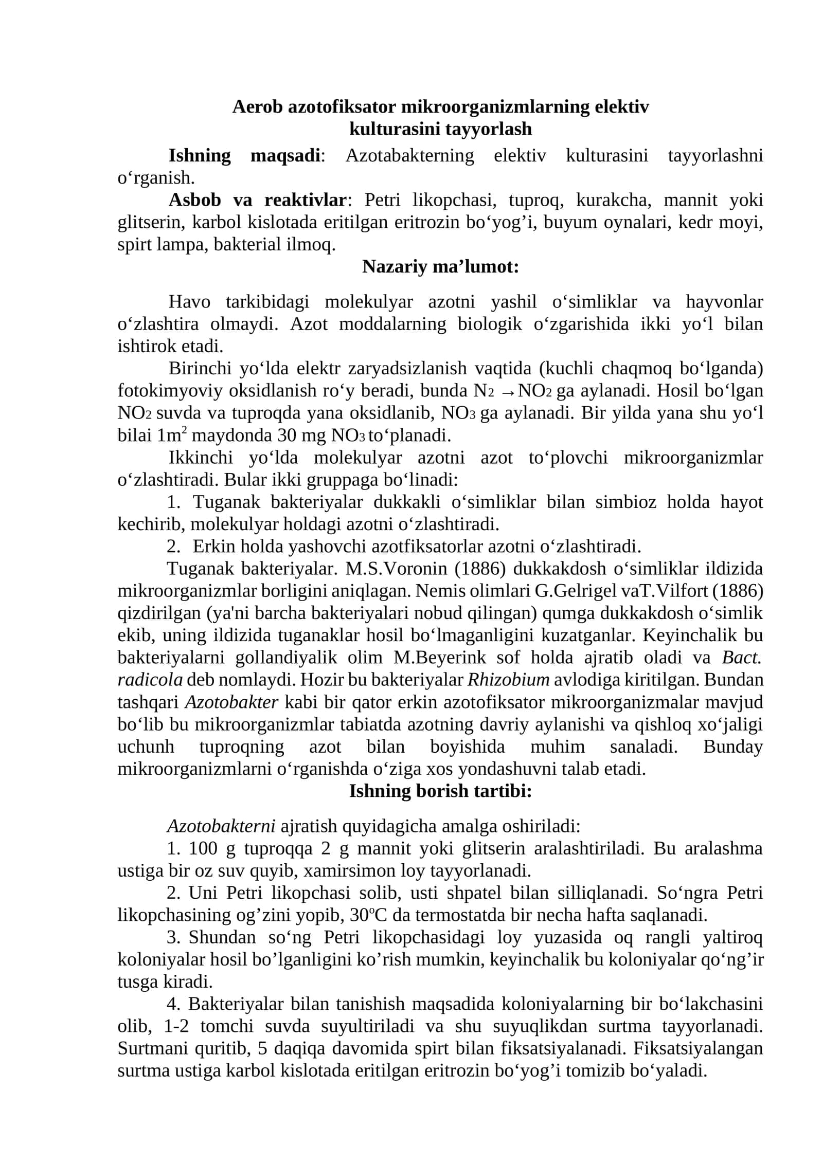 Aerob azotofiksator mikroorganizmlarning elektiv kulturasini tayyorlash 1