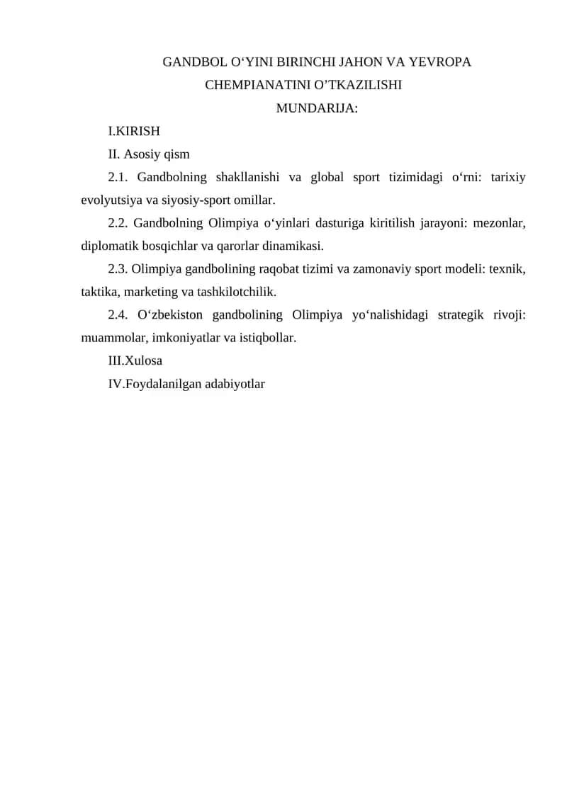 GANDBOL OʻYINI BIRINCHI JAHON VA YEVROPA CHEMPIANATINI O’TKAZILISHI 1