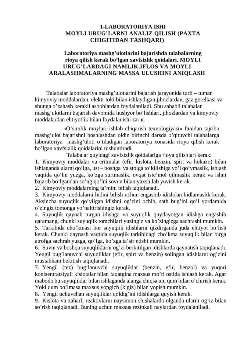 O'simlik moylari ishlab chiqarish texnologiyasi 1