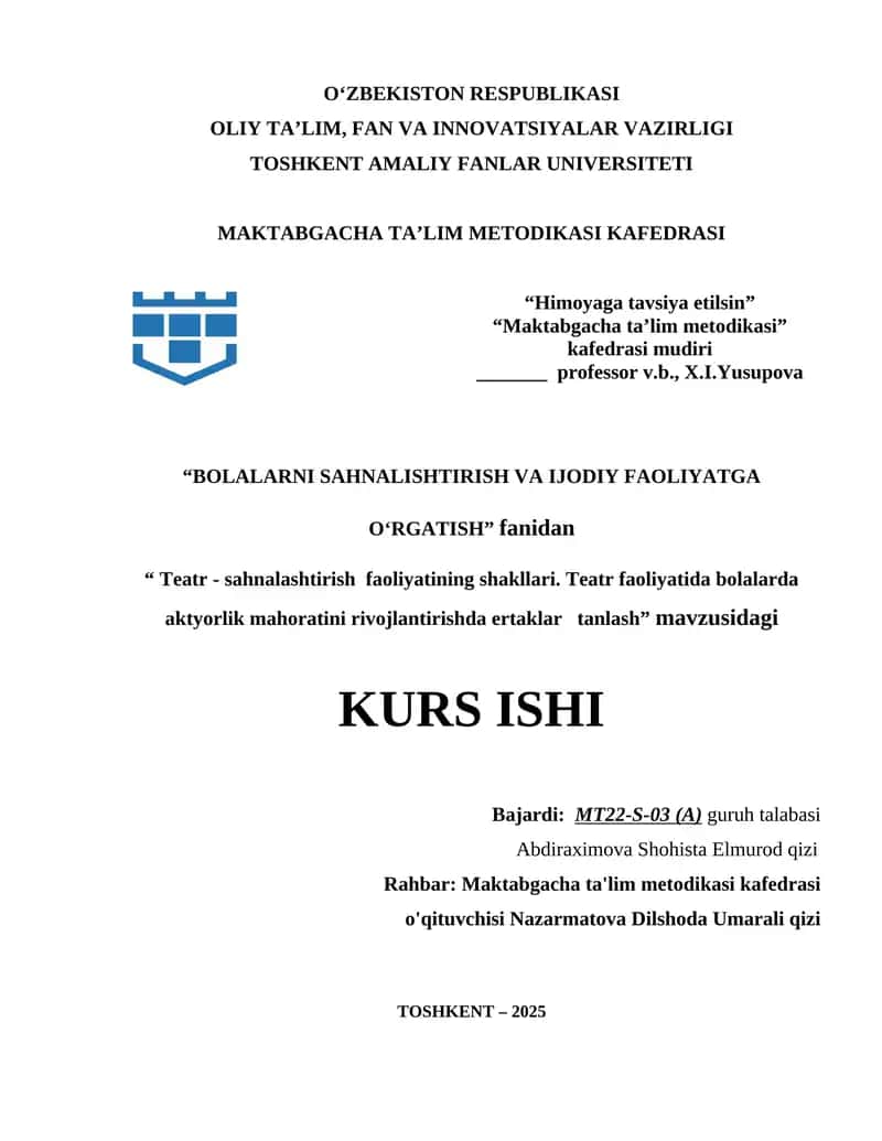 Teatr - sahnalashtirish faoliyatining shakllari. Teatr faoliyatida bolalarda aktyorlik mahoratini rivojlantirishda ertaklar tanlash12.docx 1