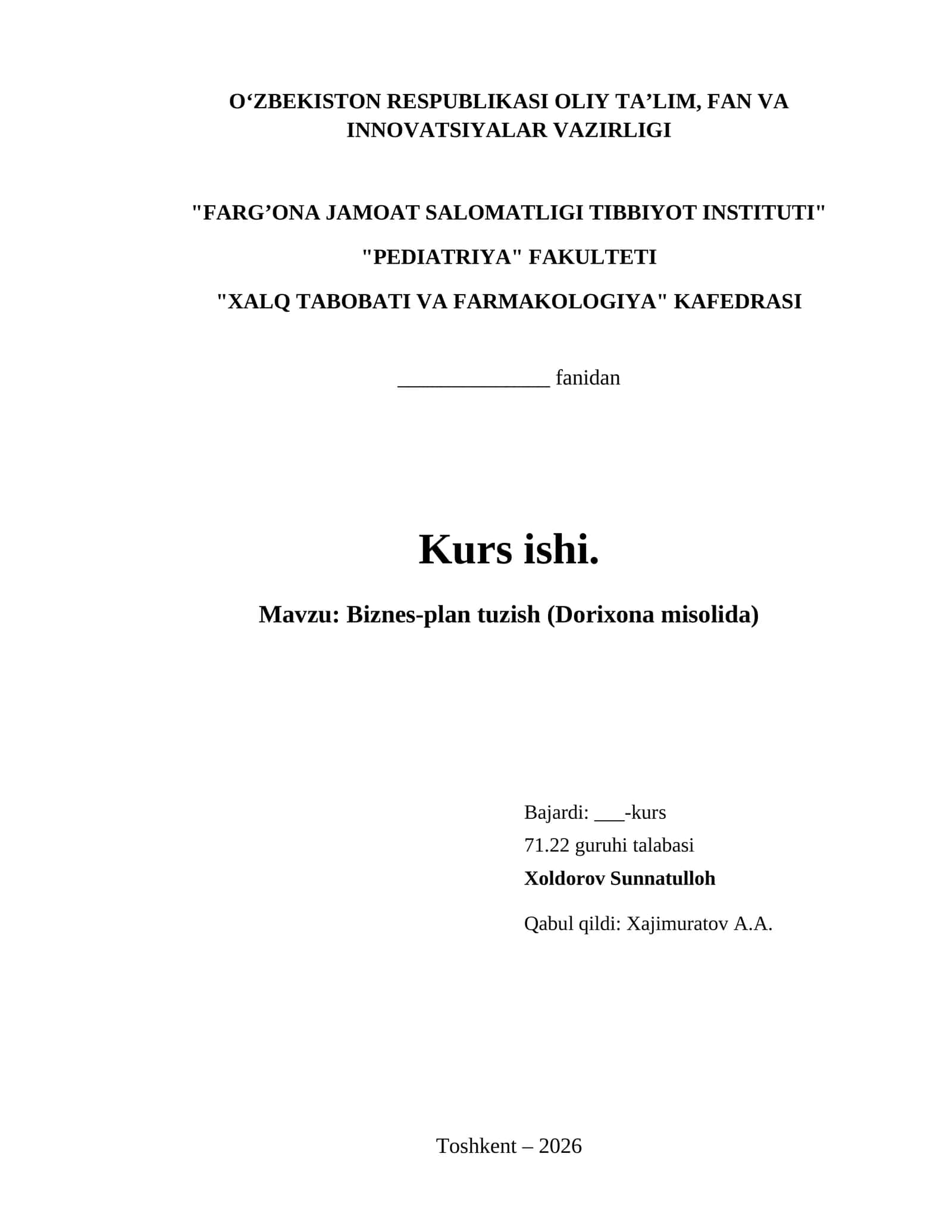 Biznes-plan tuzish (Dorixona misolida) 1