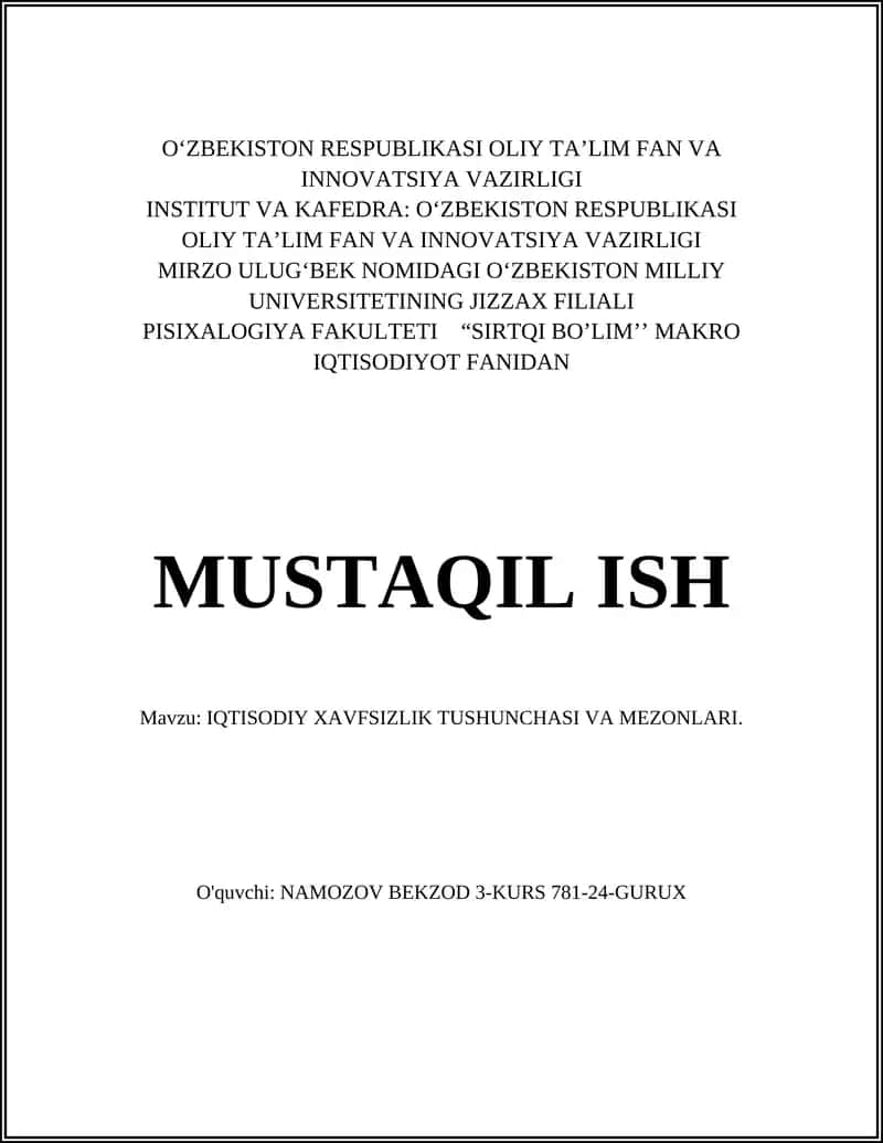 IQTISODIY XAVFSIZLIK TUSHUNCHASI VA MEZONLARI 1