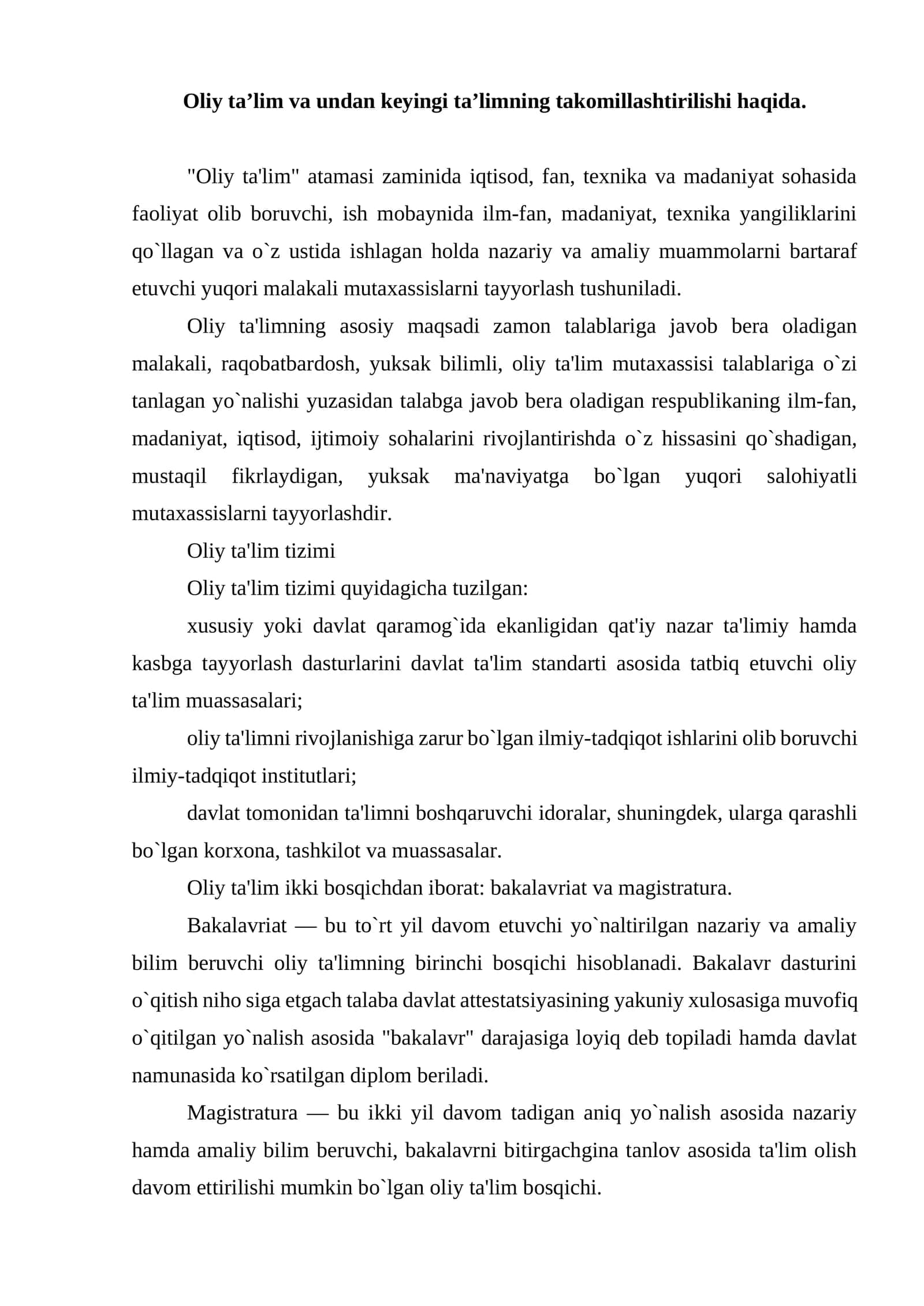 Oliy Ta'lim va Undan Keyingi Ta'limning Takomillashtirilishi 1