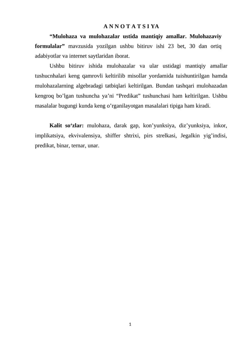 Mulohaza va mulohazalar ustida mantiqiy amallar. Mulohazaviy formulalar 1