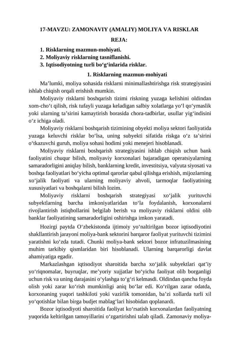 Zamonaviy (Amaliy) Moliya va Risklar Reja 1