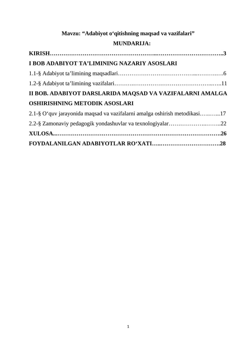 Adabiyot o‘qitishning maqsad va vazifalari 1