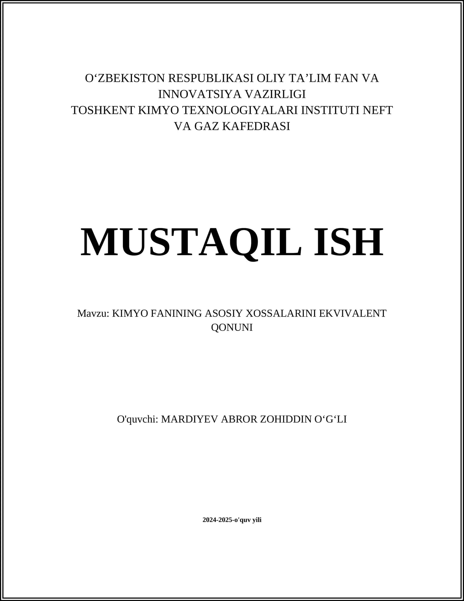 KIMYO FANINING ASOSIY XOSSALARINI EKVIVALENT QONUNI 1