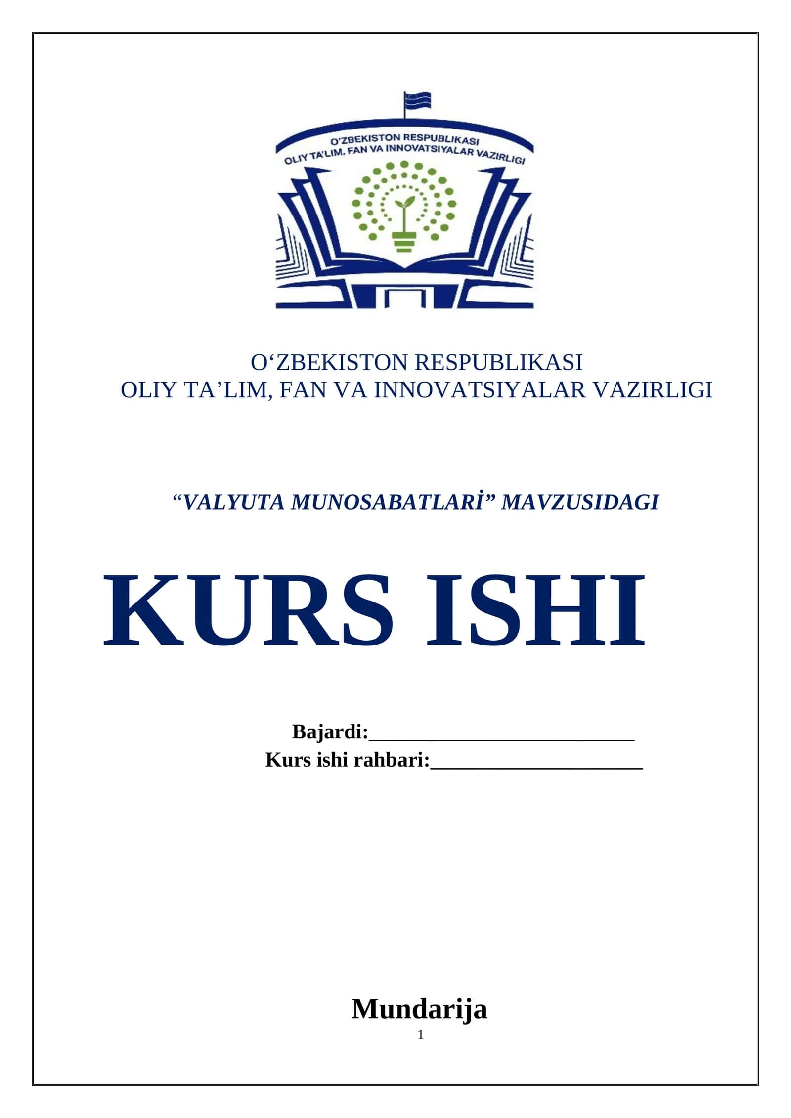 VALYUTA MUNOSABATLARİ KURS ISHI 1