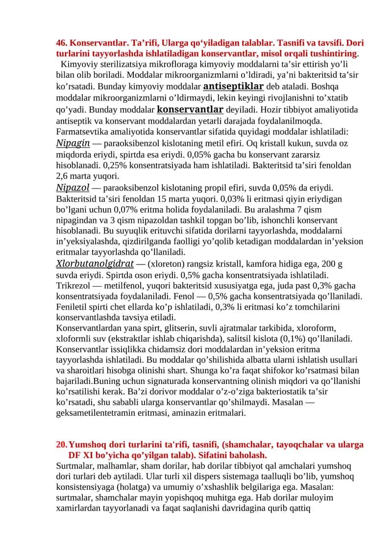 Konservantlar. Ta’rifi, Ularga qo‘yiladigan talablar. Tasnifi va tavsifi. Dori turlarini tayyorlashda ishlatiladigan konservantlar, misol orqali tushintiring 1