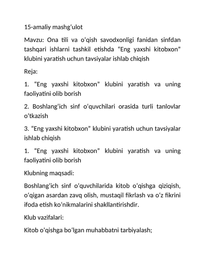 "Eng yaxshi kitobxon" klubini yaratish uchun tavsiyalar 1