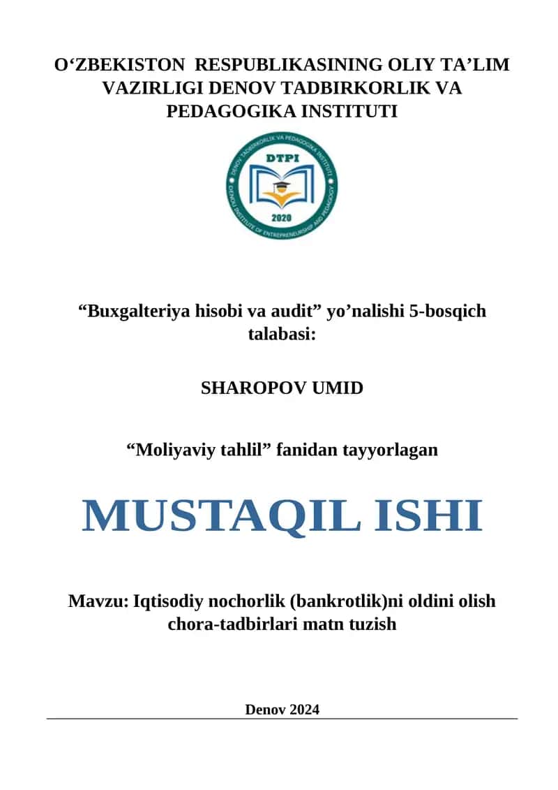 Iqtisodiy nochorlik (bankrotlik)ni oldini olish chora-tadbirlari 1