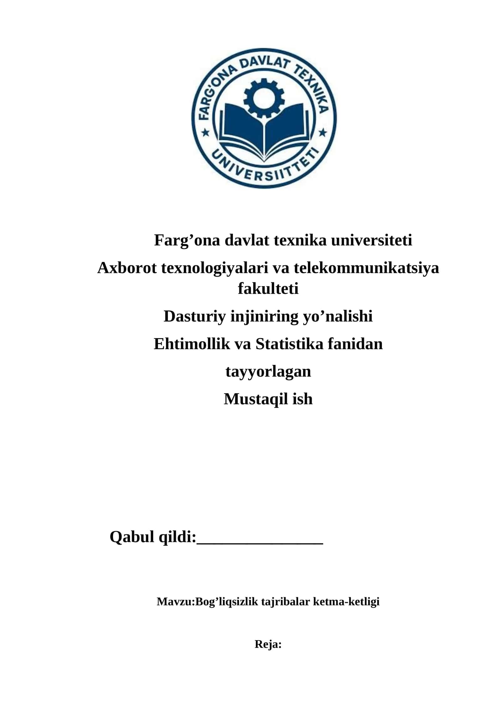 Bog’liqsizlik tajribalar ketma-ketligi 1