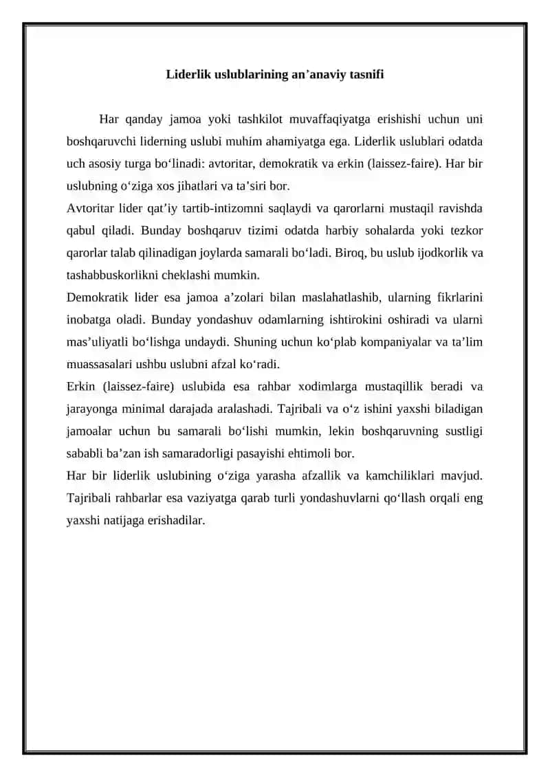 Liderlik uslublarining an’anaviy tasnifi