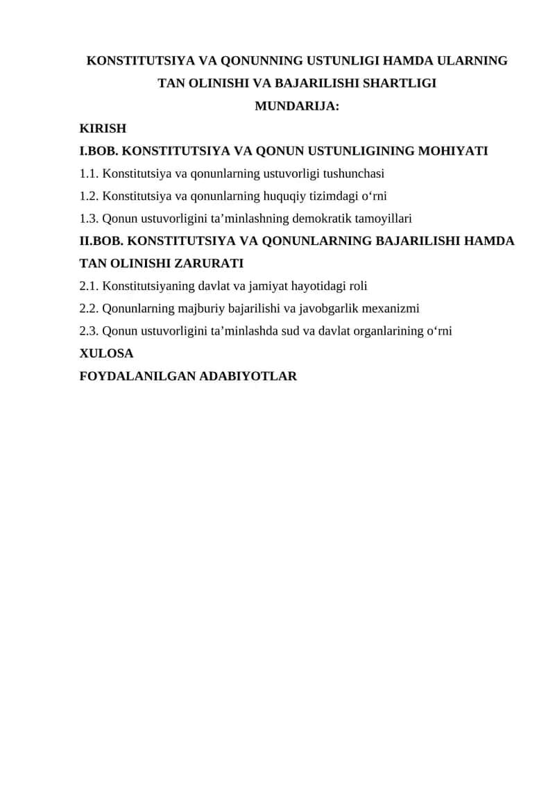 Konstitutsiya va Qonuning Ustunligi Hamda Ularning Tan Olinishi va Bajarilishi Shartlari 1