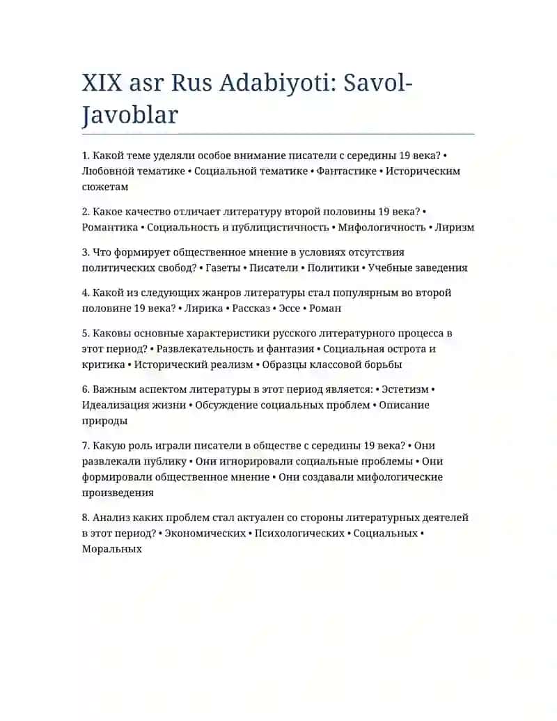XIX asr Rus Adabiyoti: Savol-Javoblar