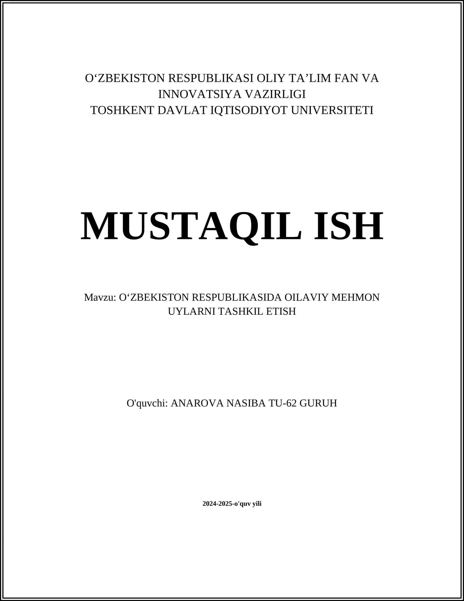 O'ZBEKISTON RESPUBLIKASIDA OILAVIY MEHMON UYLARNI TASHKIL ETISH 1