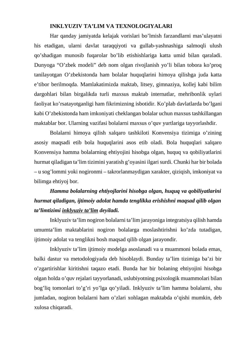 Inklyuziv Ta’lim va Texnologiyalari 1