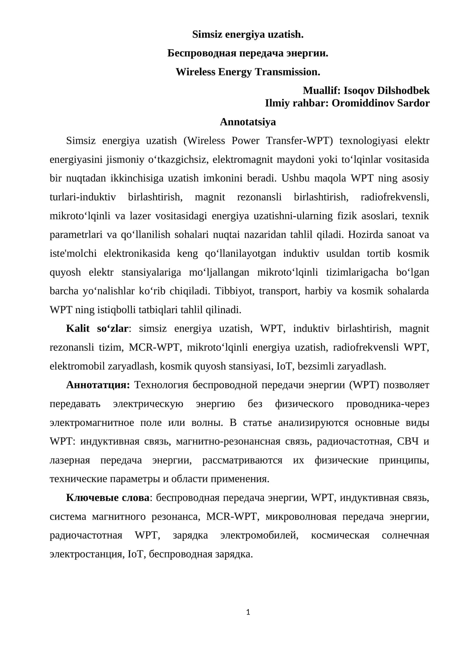 Simsiz energiya uzatish 1