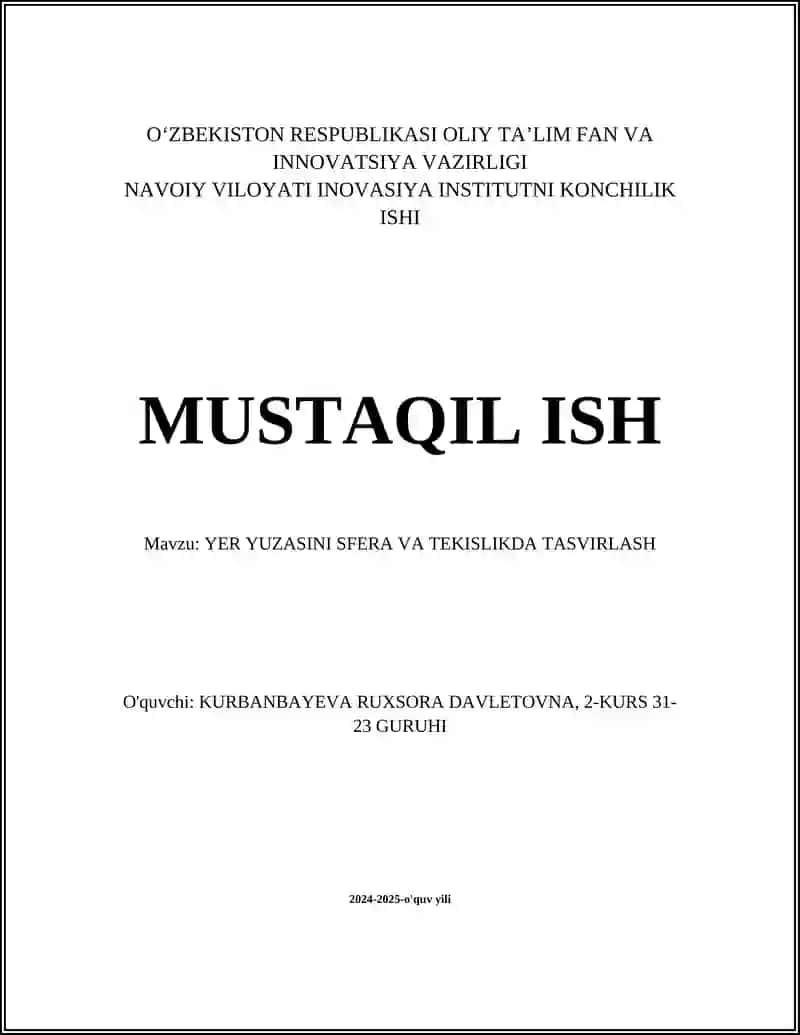 Yer Yuzasini Sfera va Tekislikda Tasvirlash