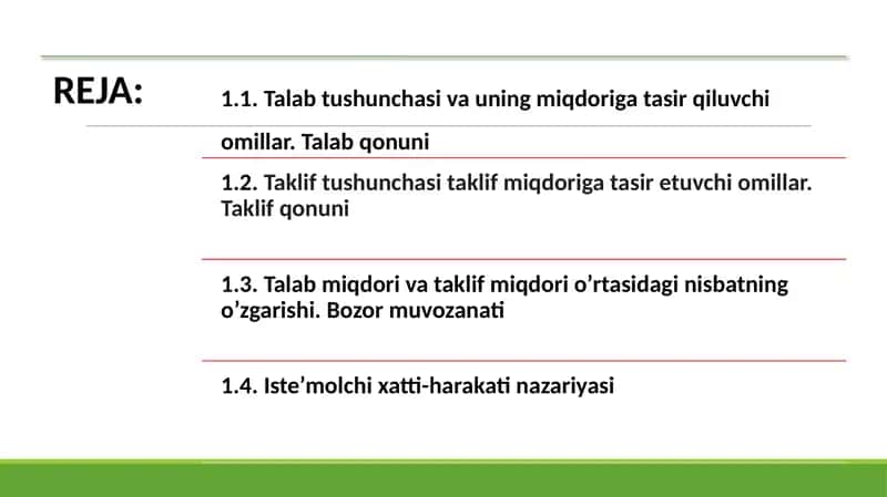 Talab-bu iste'molchilarning ma'lum bir vaqtda vomi daturlar narxlarda sotib olishga tayyor va qodir bo'lgan tovar 1