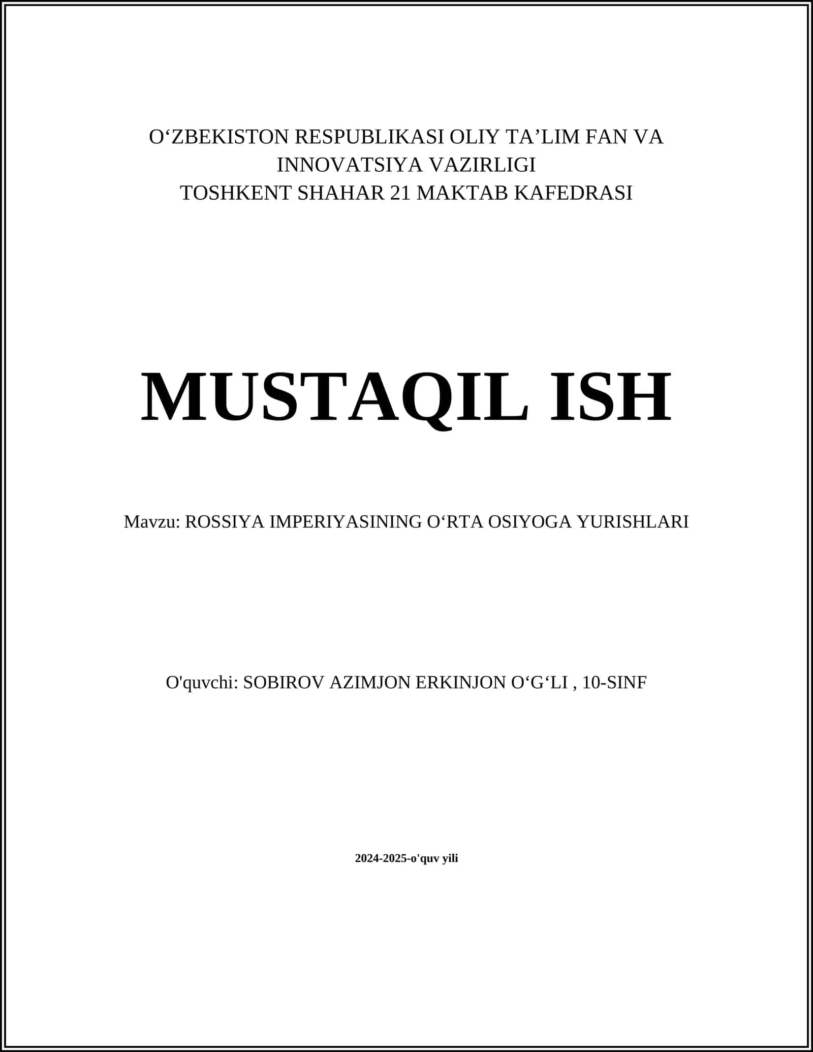 ROSSIYA IMPERIYASINING OʻRTA OSIYOGA YURISHLARI 1