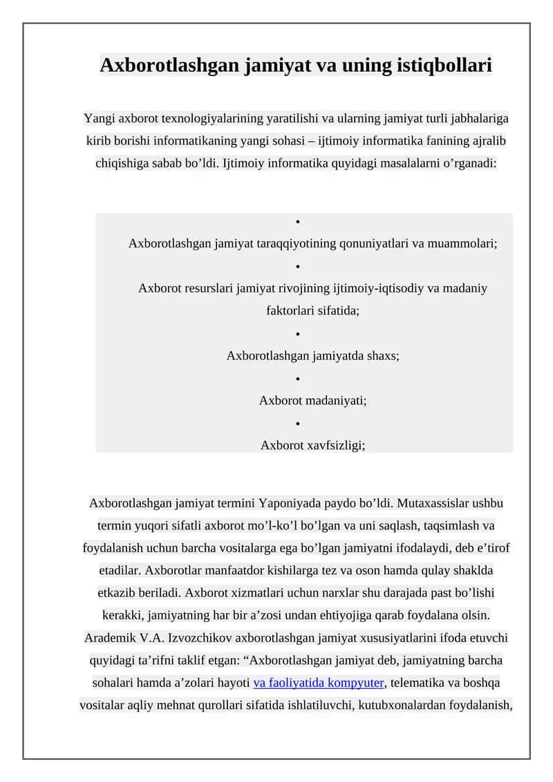 Axborotlashgan jamiyat va uning istiqbollari 1