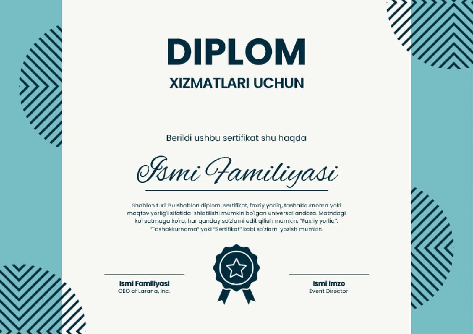 Shablon diplom, sertifikat, faxriy yorliq, tashakkurnoma yoki maqtov yorlig'i 1