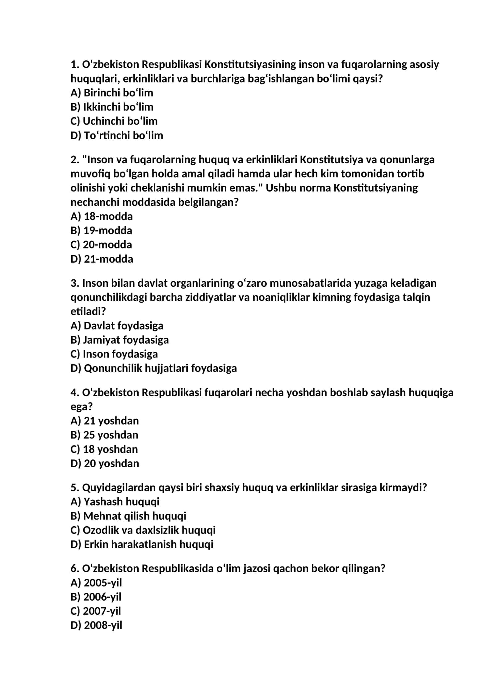 Oʻzbekiston Respublikasi Konstitutsiyasining inson va fuqarolarning asosiy huquqlari, erkinliklari va burchlariga bagʻishlangan boʻlimi qaysi? 1