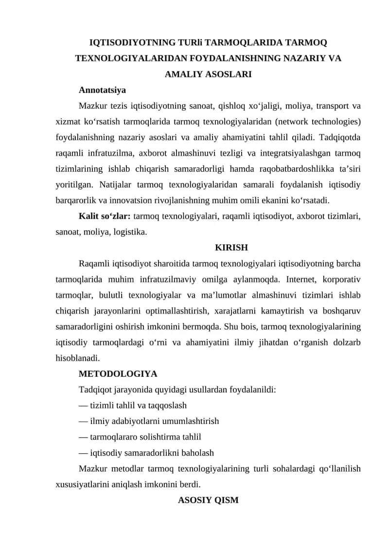 IQTISODIYOTNING TURli TARMOQLARIDA TARMOQ TEXNOLOGIYALARIDAN FOYDALANISHNING NAZARIY VA AMALIY ASOSLARI 1