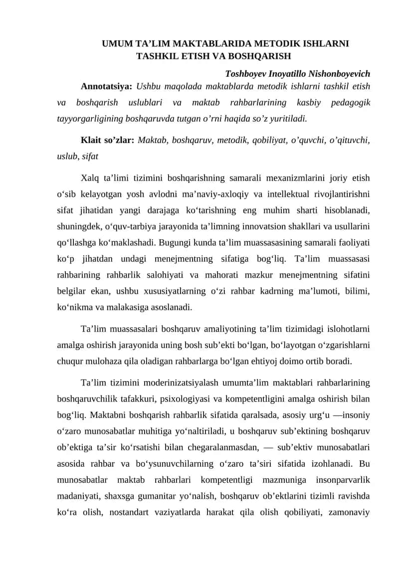 UMUM TA’LIM MAKTABLARIDA METODIK ISHLARNI TASHKIL ETISH VA BOSHQARISH 1