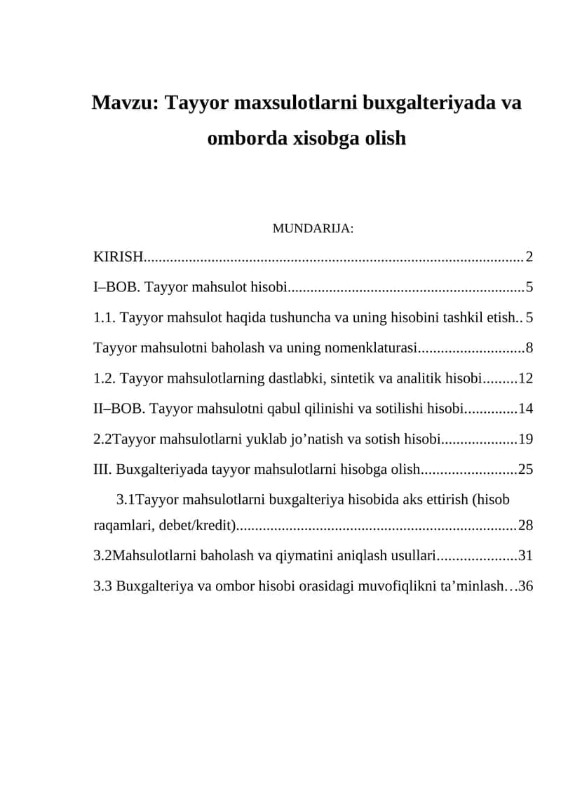 Tayyor maxsulotlarni buxgalteriyada va omborda xisobga olish 1